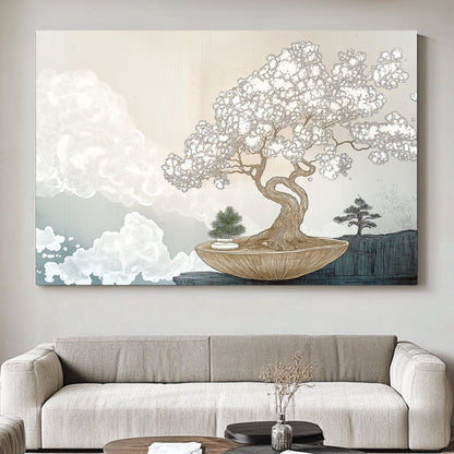 A delicate bonsai tree flourishes in an elegant bowl, its intricate branches contrasting. Perfect for modern decor. canvas wall art abstract portrait landscape