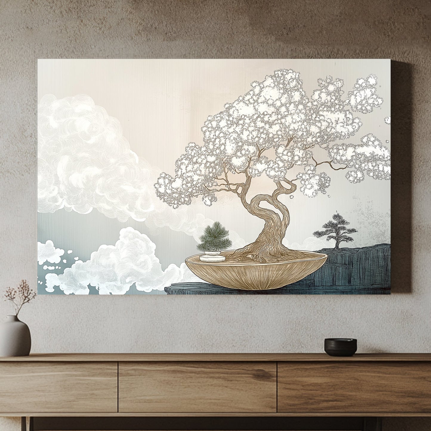 A delicate bonsai tree flourishes in an elegant bowl, its intricate branches contrasting. Perfect for modern decor. canvas wall art abstract portrait landscape