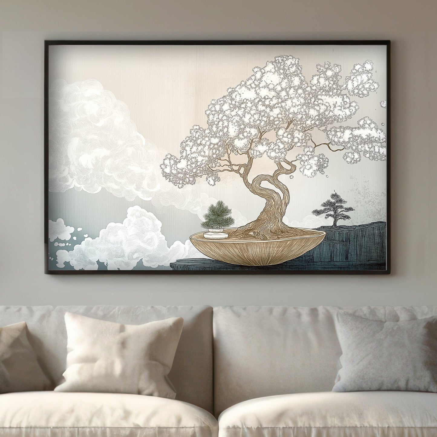 A delicate bonsai tree flourishes in an elegant bowl, its intricate branches contrasting. Perfect for modern decor. canvas wall art abstract portrait landscape