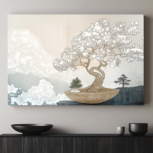 A delicate bonsai tree flourishes in an elegant bowl, its intricate branches contrasting. Perfect for modern decor. canvas wall art abstract portrait landscape