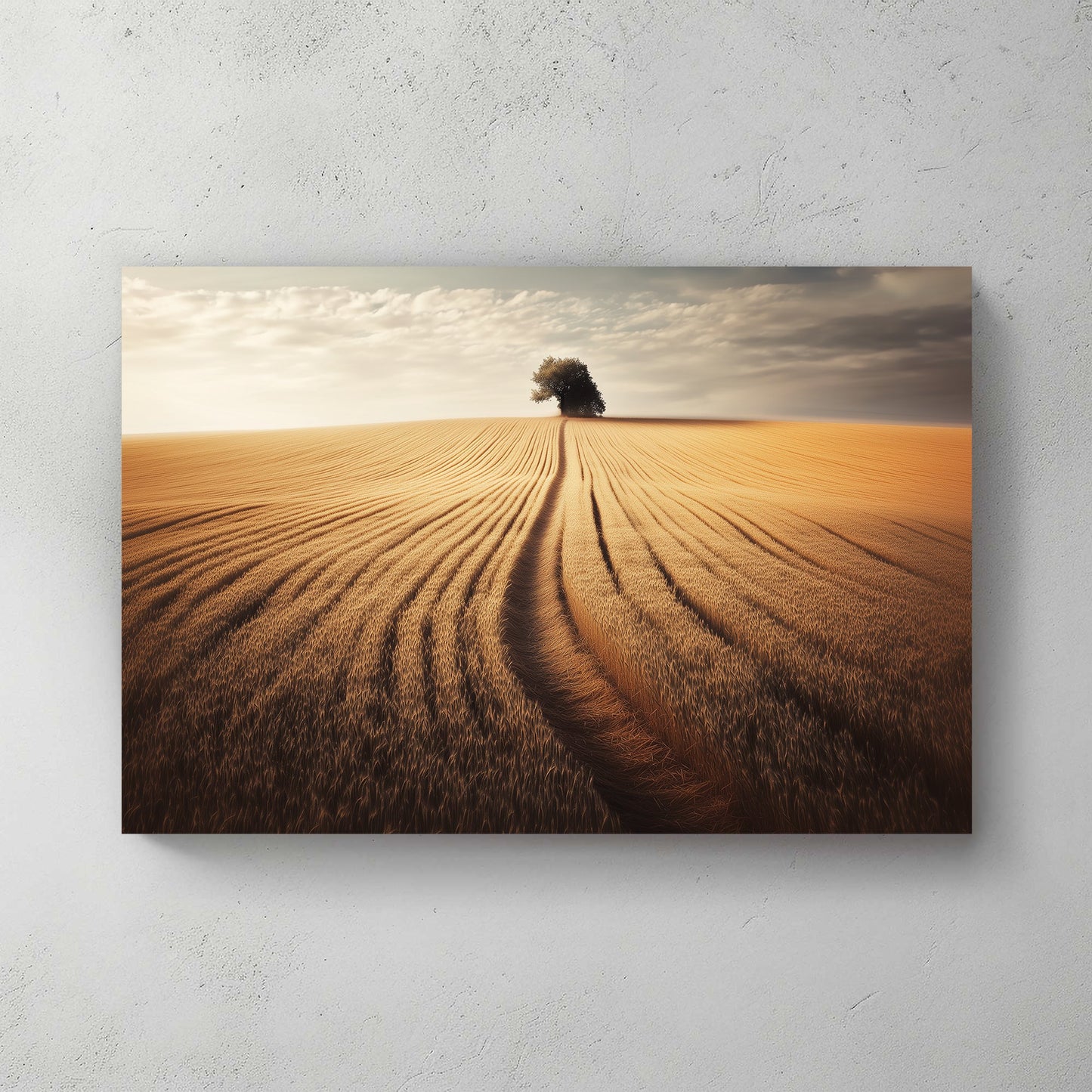 A lone tree stands at the horizon, framed by rows of golden wheat bending towards it. Perfect for modern decor. canvas wall art abstract portrait landscape