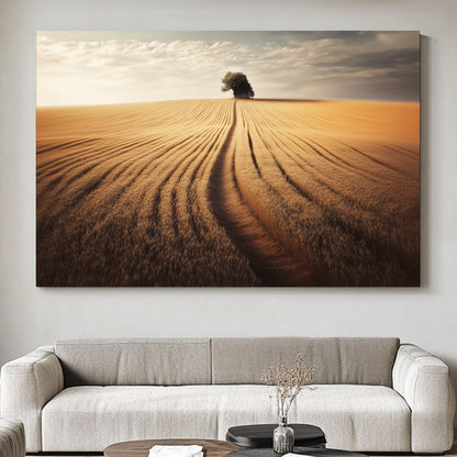 A lone tree stands at the horizon, framed by rows of golden wheat bending towards it. Perfect for modern decor. canvas wall art abstract portrait landscape