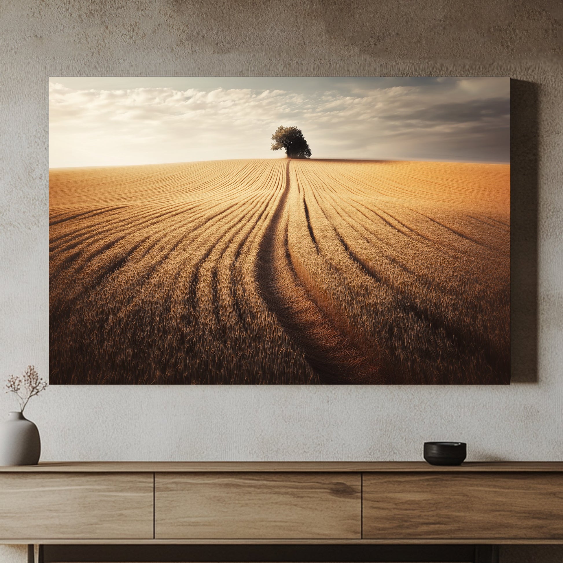 A lone tree stands at the horizon, framed by rows of golden wheat bending towards it. Perfect for modern decor. canvas wall art abstract portrait landscape