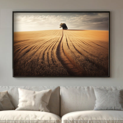 A lone tree stands at the horizon, framed by rows of golden wheat bending towards it. Perfect for modern decor. canvas wall art abstract portrait landscape