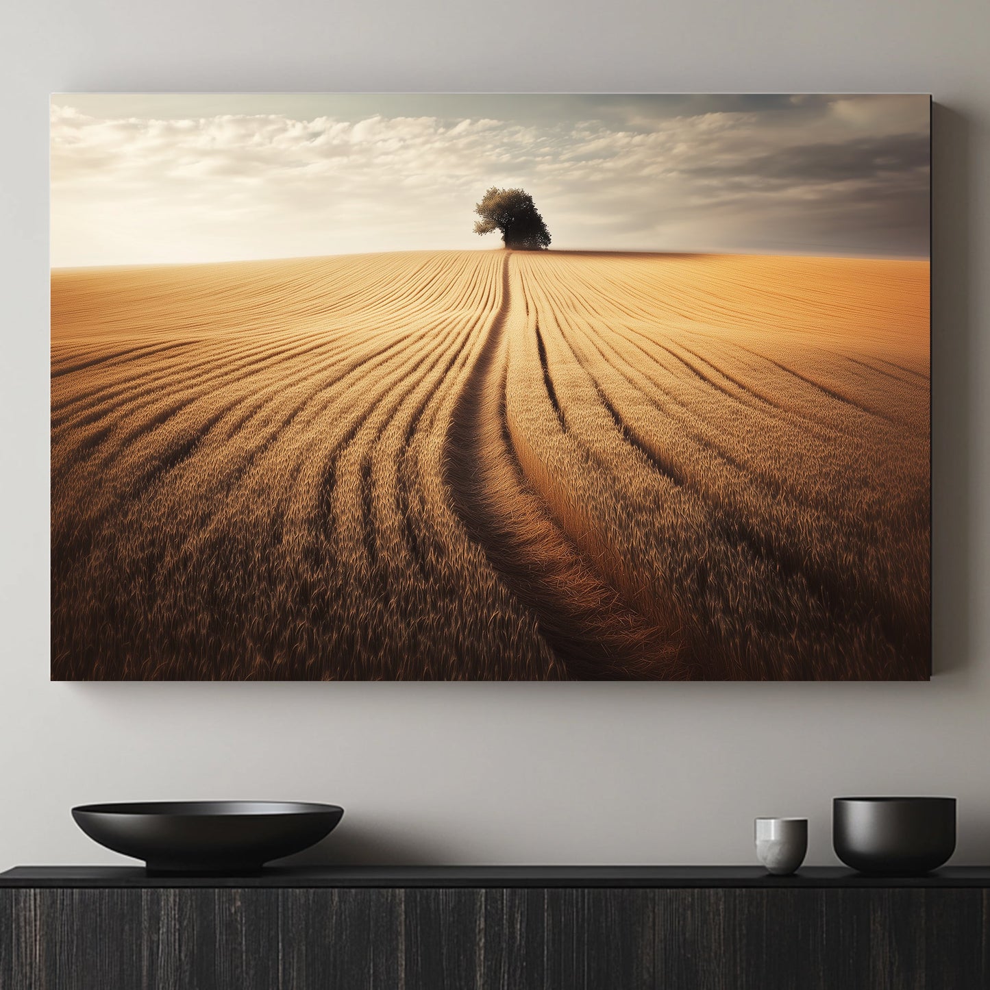 A lone tree stands at the horizon, framed by rows of golden wheat bending towards it. Perfect for modern decor. canvas wall art abstract portrait landscape