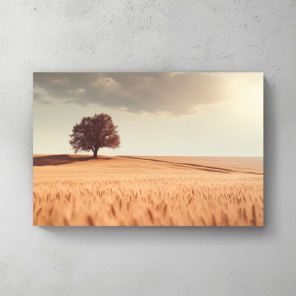 A lone tree casts a long shadow over a field of golden wheat, bathed in the warm glow. Perfect for modern decor. canvas wall art abstract portrait landscape