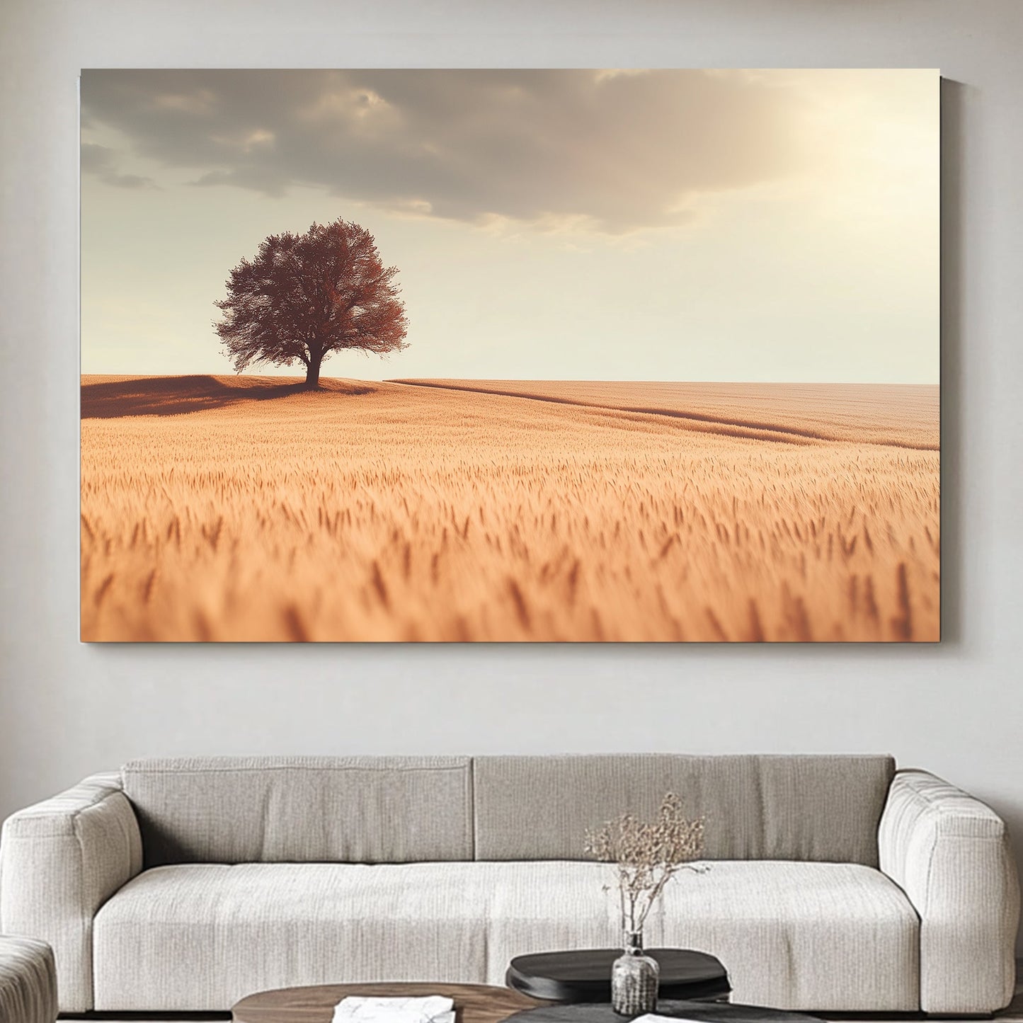 A lone tree casts a long shadow over a field of golden wheat, bathed in the warm glow. Perfect for modern decor. canvas wall art abstract portrait landscape