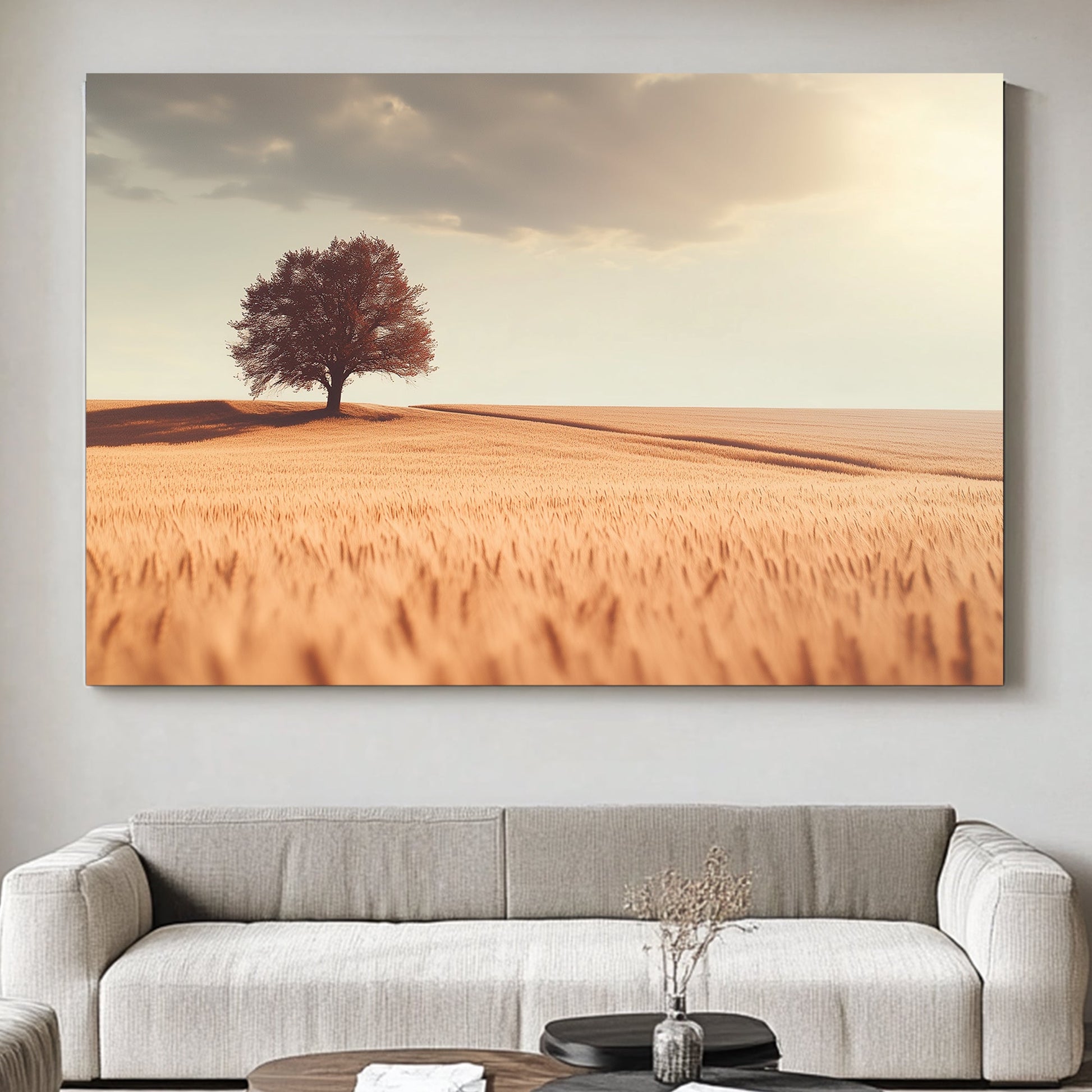 A lone tree casts a long shadow over a field of golden wheat, bathed in the warm glow. Perfect for modern decor. canvas wall art abstract portrait landscape