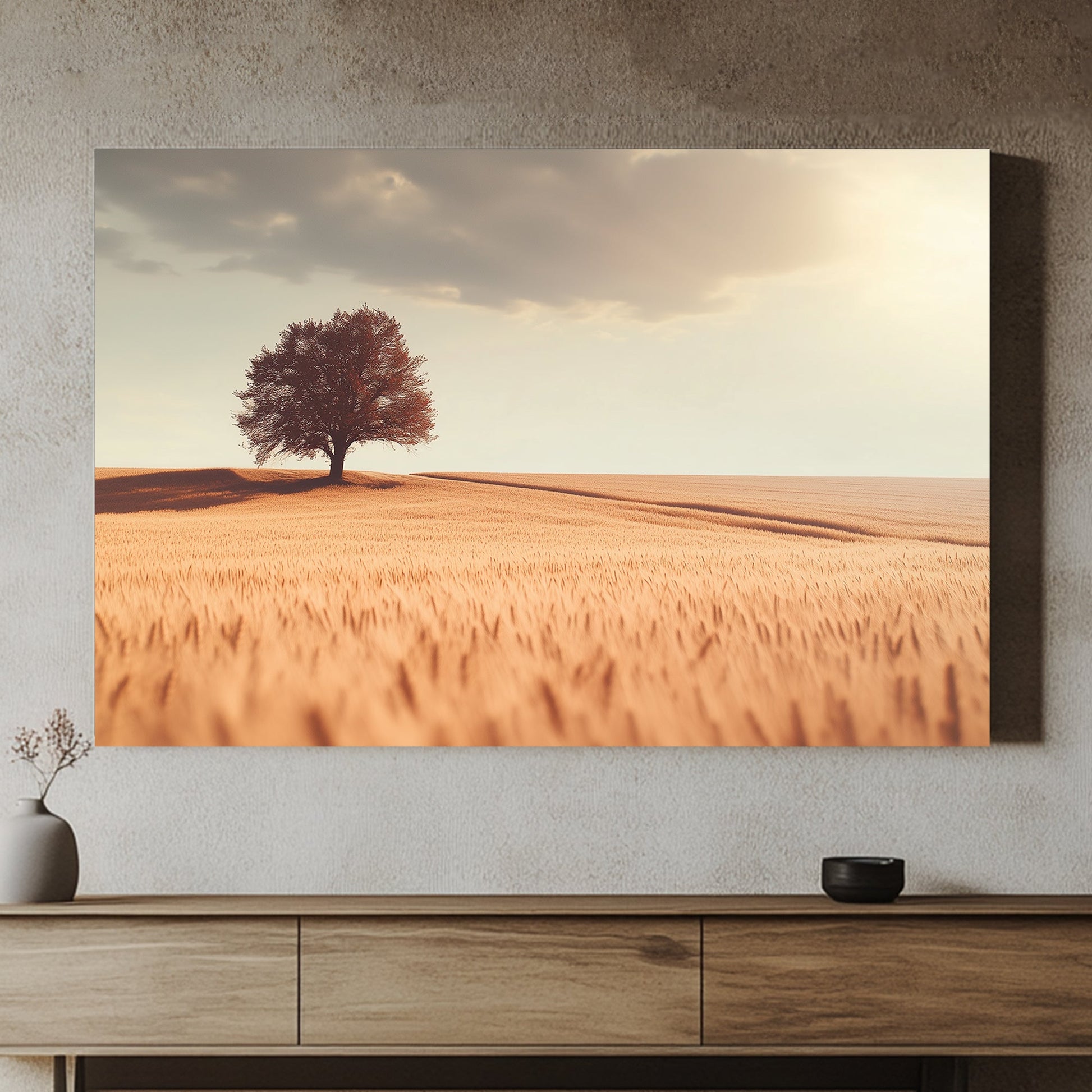 A lone tree casts a long shadow over a field of golden wheat, bathed in the warm glow. Perfect for modern decor. canvas wall art abstract portrait landscape