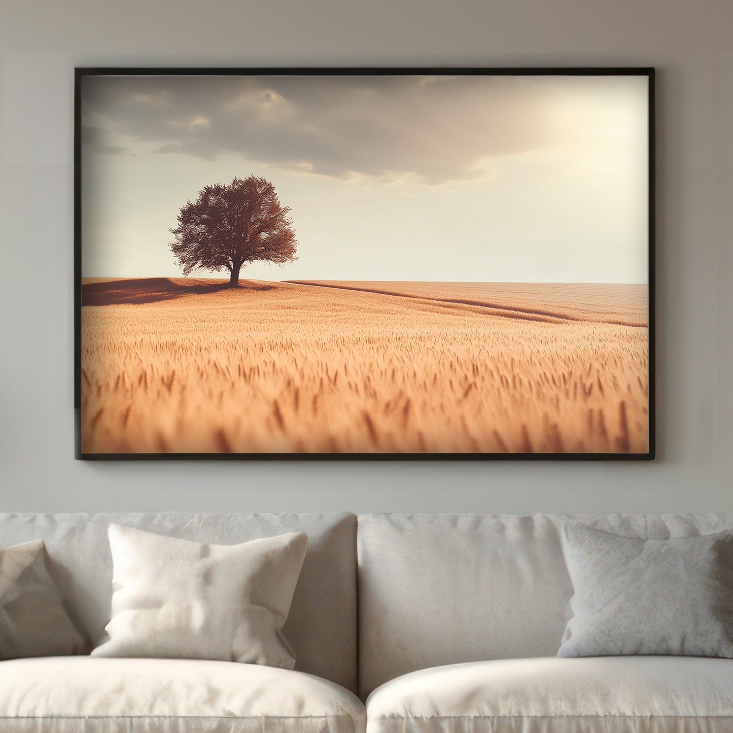 A lone tree casts a long shadow over a field of golden wheat, bathed in the warm glow. Perfect for modern decor. canvas wall art abstract portrait landscape