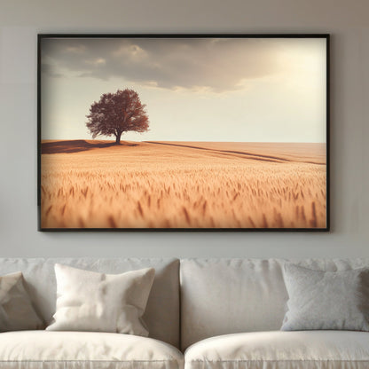 A lone tree casts a long shadow over a field of golden wheat, bathed in the warm glow. Perfect for modern decor. canvas wall art abstract portrait landscape