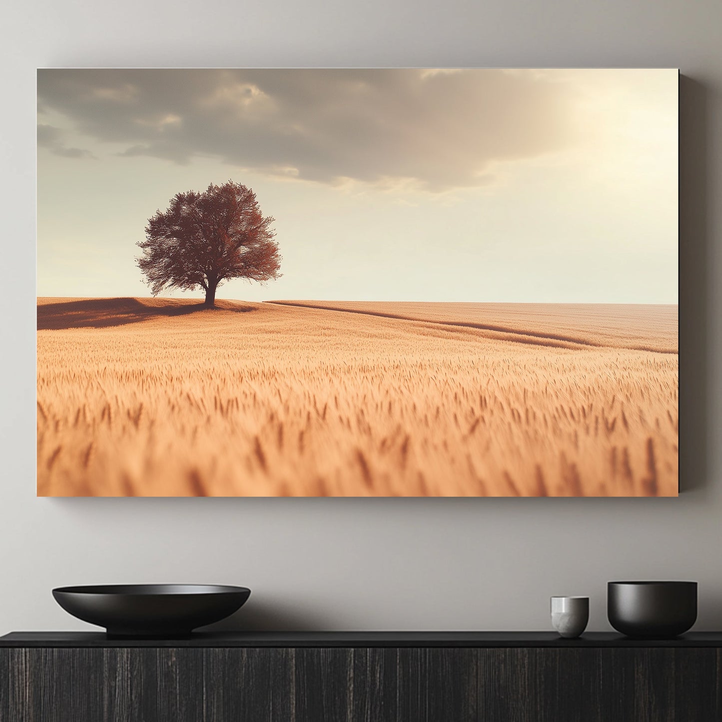 A lone tree casts a long shadow over a field of golden wheat, bathed in the warm glow. Perfect for modern decor. canvas wall art abstract portrait landscape