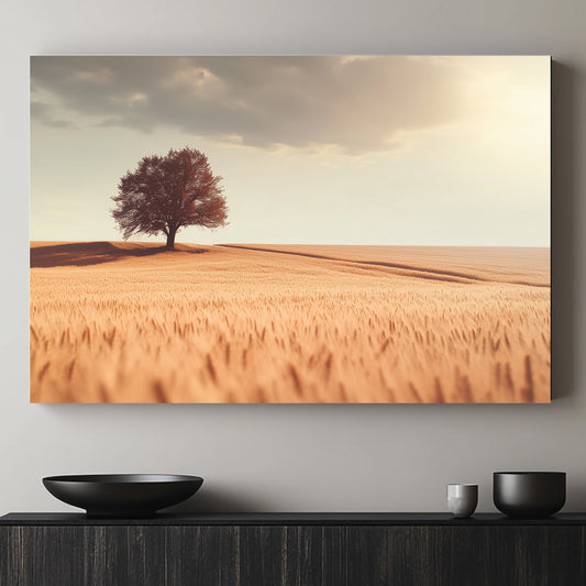 A lone tree casts a long shadow over a field of golden wheat, bathed in the warm glow. Perfect for modern decor. canvas wall art abstract portrait landscape