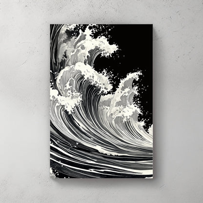 Bold waves crash with relentless energy, rendered in stark black and white for a timeless, powerful piece. Perfect for modern decor. canvas wall art abstract portrait landscape