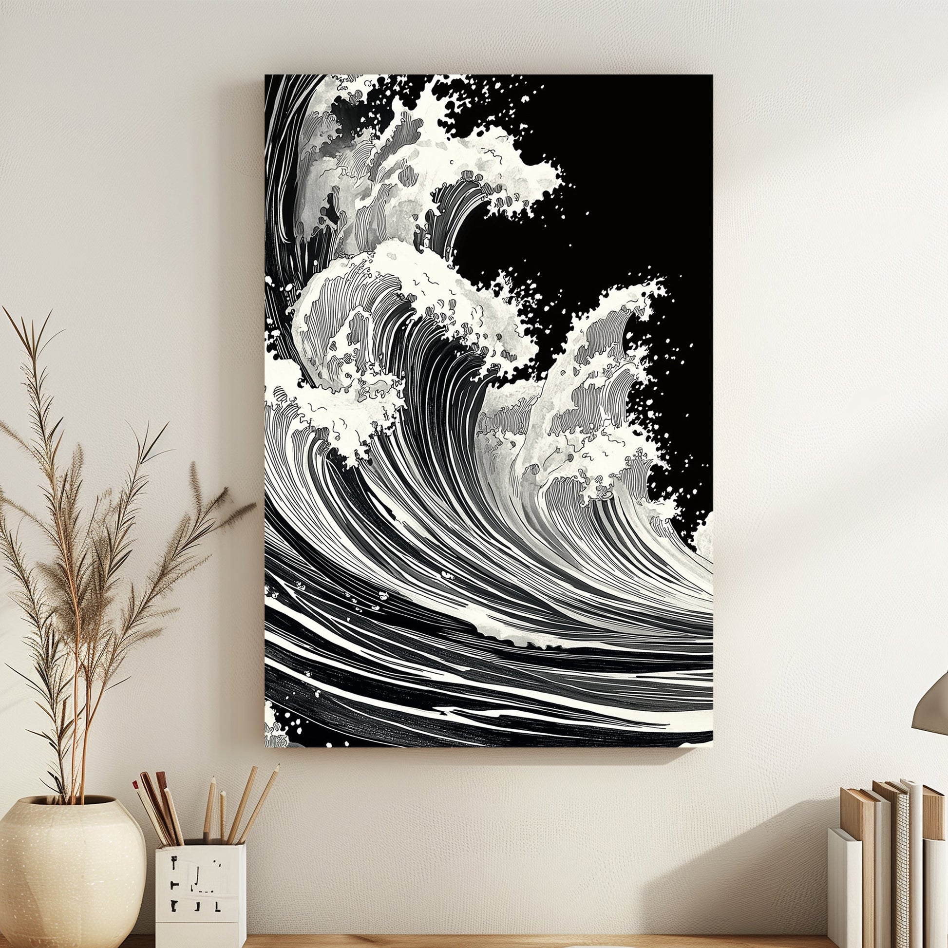 Bold waves crash with relentless energy, rendered in stark black and white for a timeless, powerful piece. Perfect for modern decor. canvas wall art abstract portrait landscape