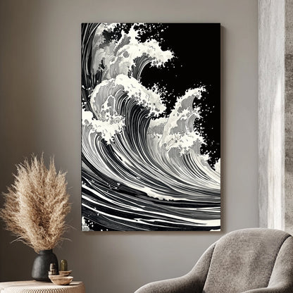 Bold waves crash with relentless energy, rendered in stark black and white for a timeless, powerful piece. Perfect for modern decor. canvas wall art abstract portrait landscape