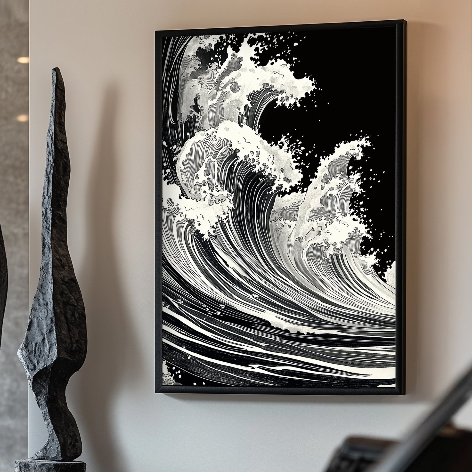 Bold waves crash with relentless energy, rendered in stark black and white for a timeless, powerful piece. Perfect for modern decor. canvas wall art abstract portrait landscape