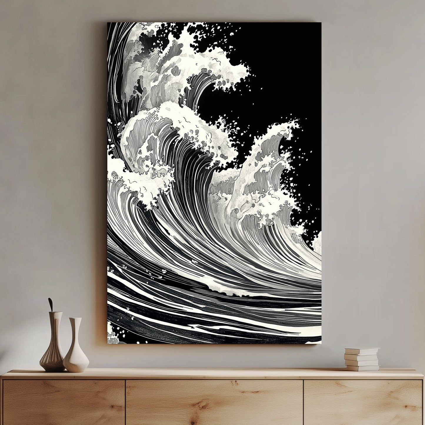 Bold waves crash with relentless energy, rendered in stark black and white for a timeless, powerful piece. Perfect for modern decor. canvas wall art abstract portrait landscape