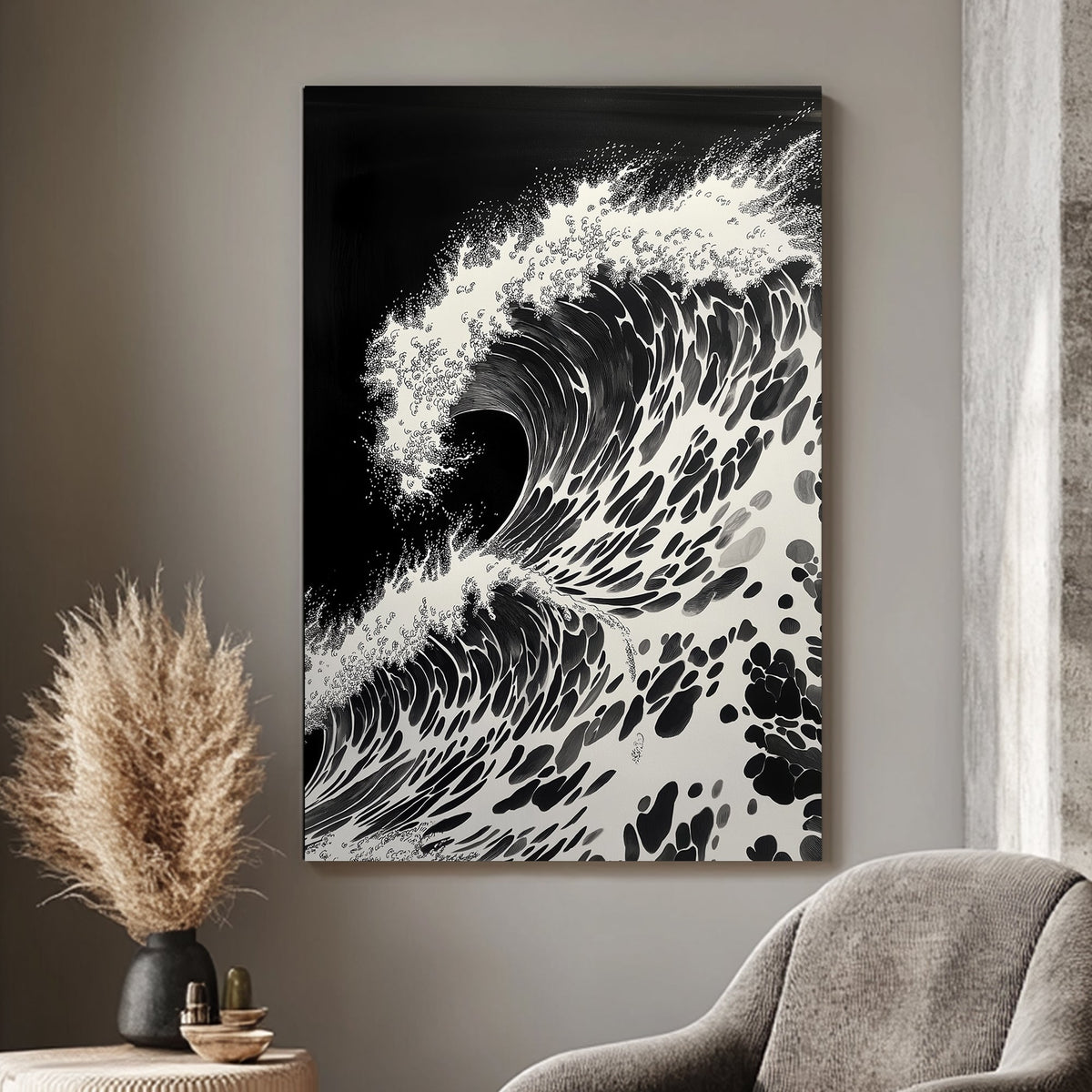 A fierce wave unfurls with dramatic intensity, each splash and ripple meticulously. Perfect for modern decor. canvas wall art abstract portrait landscape