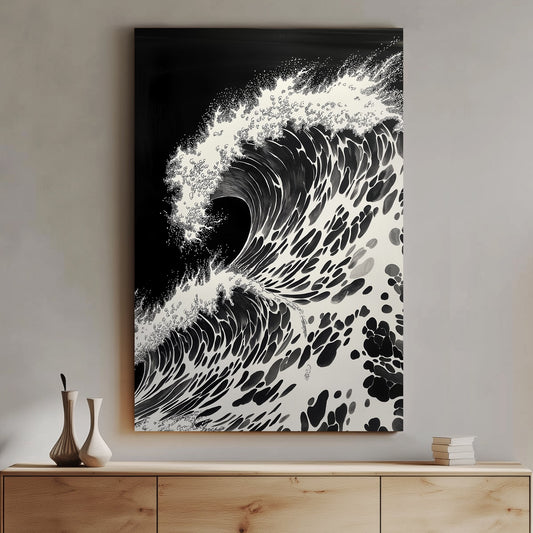 A fierce wave unfurls with dramatic intensity, each splash and ripple meticulously. Perfect for modern decor. canvas wall art abstract portrait landscape