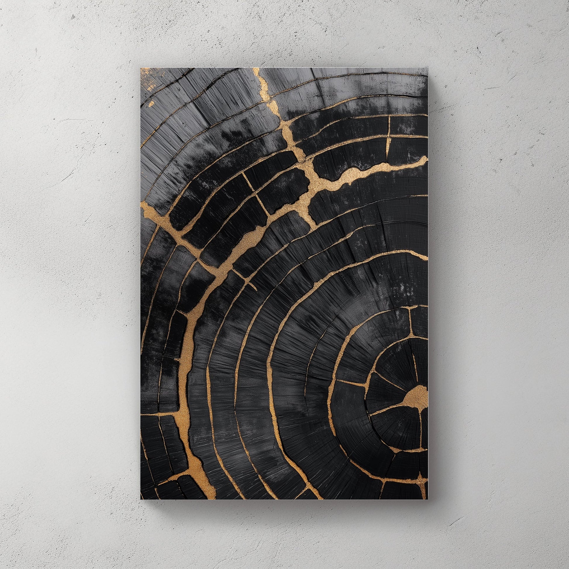 A stunning cross-section of aged wood is enhanced with delicate gold accents tracing each crack. Perfect for modern decor. canvas wall art abstract portrait landscape