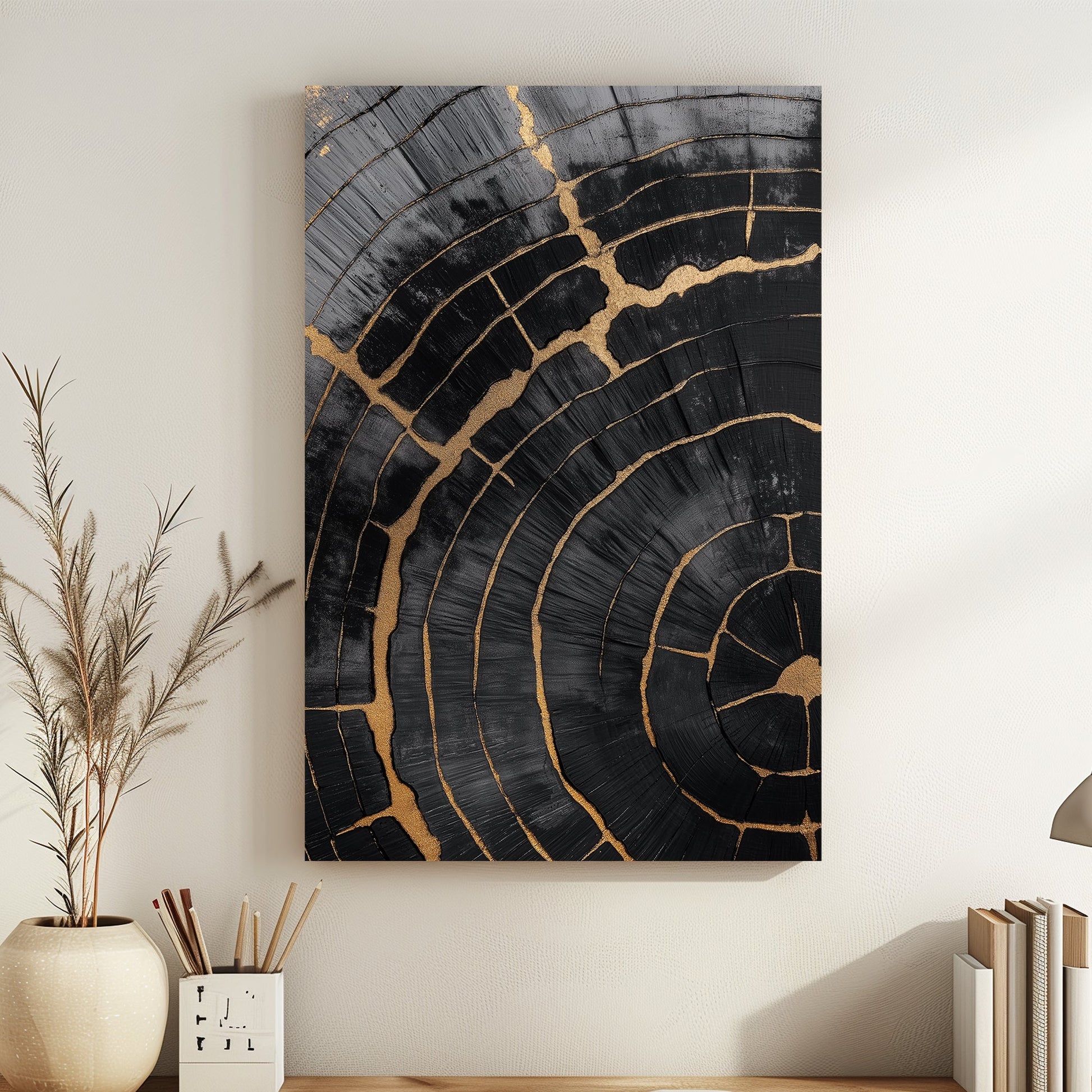 A stunning cross-section of aged wood is enhanced with delicate gold accents tracing each crack. Perfect for modern decor. canvas wall art abstract portrait landscape