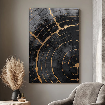 A stunning cross-section of aged wood is enhanced with delicate gold accents tracing each crack. Perfect for modern decor. canvas wall art abstract portrait landscape