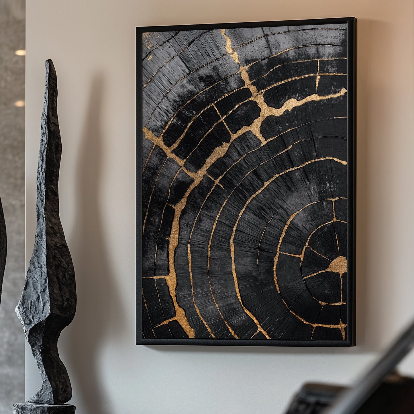 A stunning cross-section of aged wood is enhanced with delicate gold accents tracing each crack. Perfect for modern decor. canvas wall art abstract portrait landscape