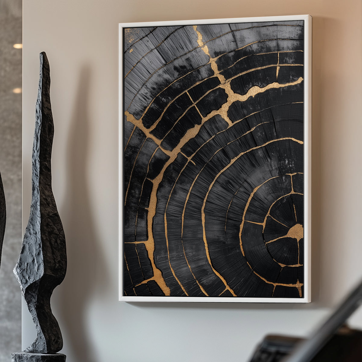 A stunning cross-section of aged wood is enhanced with delicate gold accents tracing each crack. Perfect for modern decor. canvas wall art abstract portrait landscape