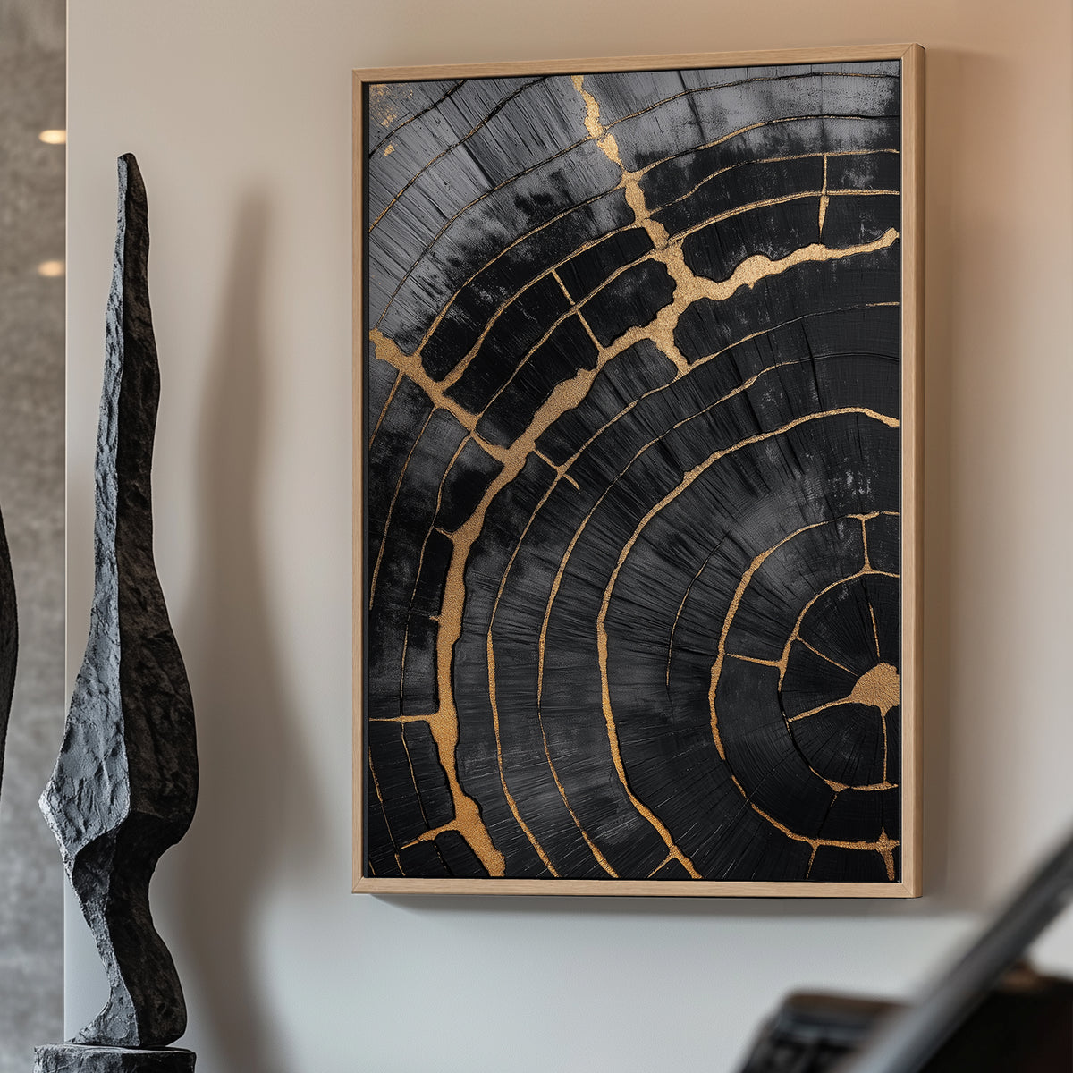 A stunning cross-section of aged wood is enhanced with delicate gold accents tracing each crack. Perfect for modern decor. canvas wall art abstract portrait landscape