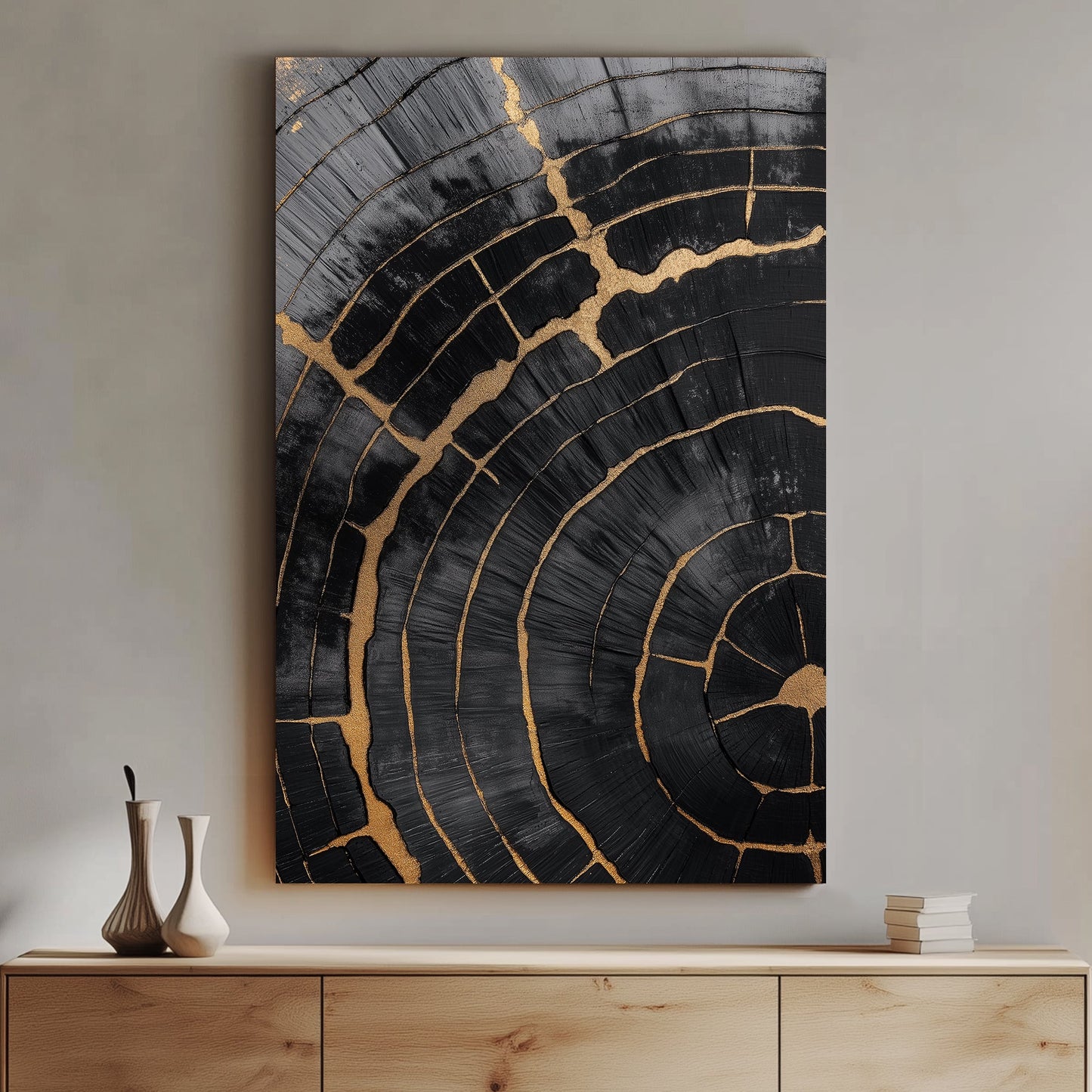 A stunning cross-section of aged wood is enhanced with delicate gold accents tracing each crack. Perfect for modern decor. canvas wall art abstract portrait landscape