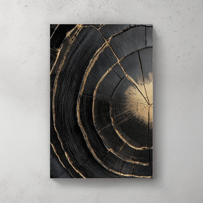 A mesmerizing cross-section of blackened wood, accentuated with gold-lined cracks. Perfect for modern decor. canvas wall art abstract portrait landscape