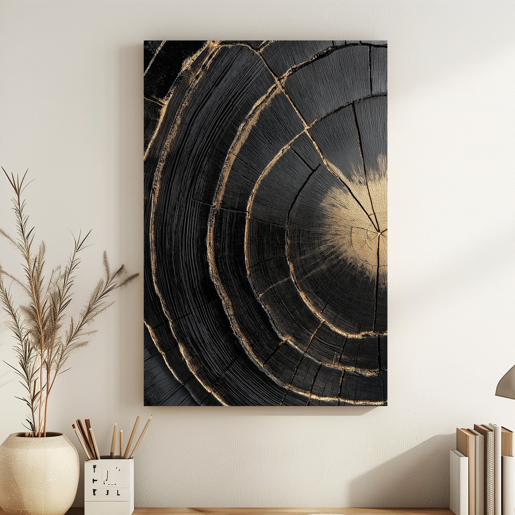 A mesmerizing cross-section of blackened wood, accentuated with gold-lined cracks. Perfect for modern decor. canvas wall art abstract portrait landscape