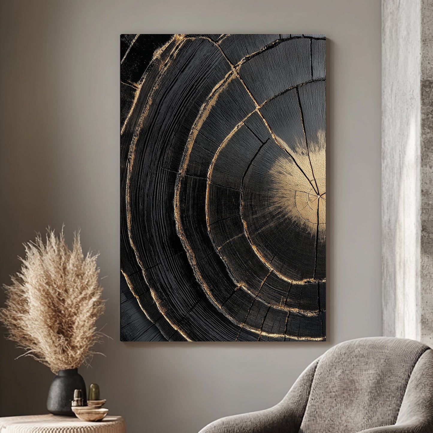 A mesmerizing cross-section of blackened wood, accentuated with gold-lined cracks. Perfect for modern decor. canvas wall art abstract portrait landscape