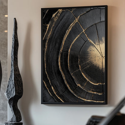 A mesmerizing cross-section of blackened wood, accentuated with gold-lined cracks. Perfect for modern decor. canvas wall art abstract portrait landscape