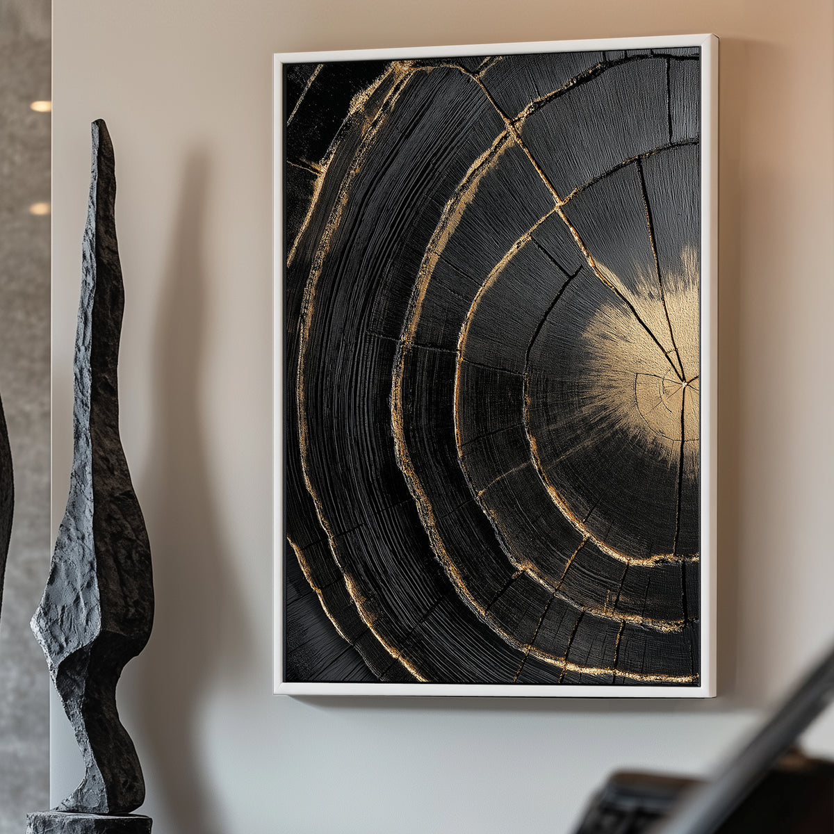 A mesmerizing cross-section of blackened wood, accentuated with gold-lined cracks. Perfect for modern decor. canvas wall art abstract portrait landscape