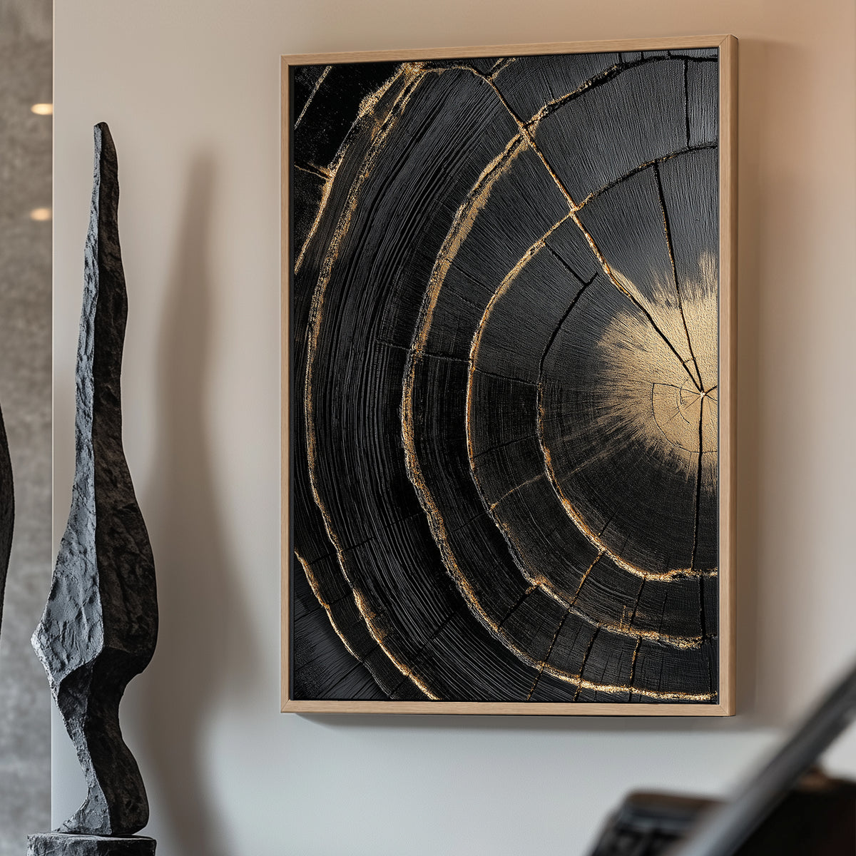A mesmerizing cross-section of blackened wood, accentuated with gold-lined cracks. Perfect for modern decor. canvas wall art abstract portrait landscape