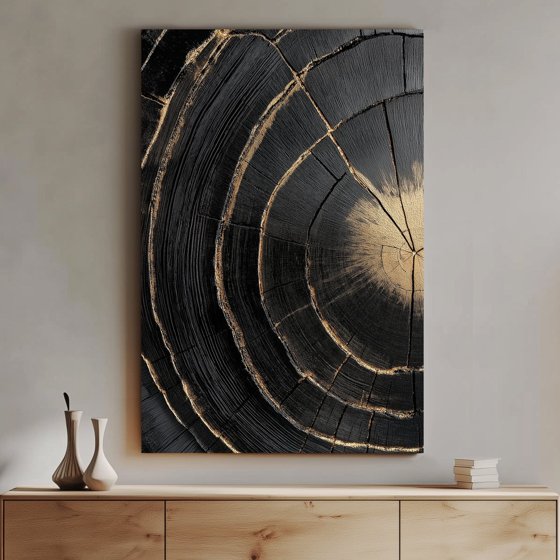 A mesmerizing cross-section of blackened wood, accentuated with gold-lined cracks. Perfect for modern decor. canvas wall art abstract portrait landscape