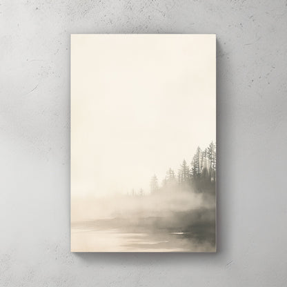 A misty forest scene emerges softly, with towering trees cloaked in a gentle, ethereal fog. Perfect for modern decor. canvas wall art abstract portrait landscape