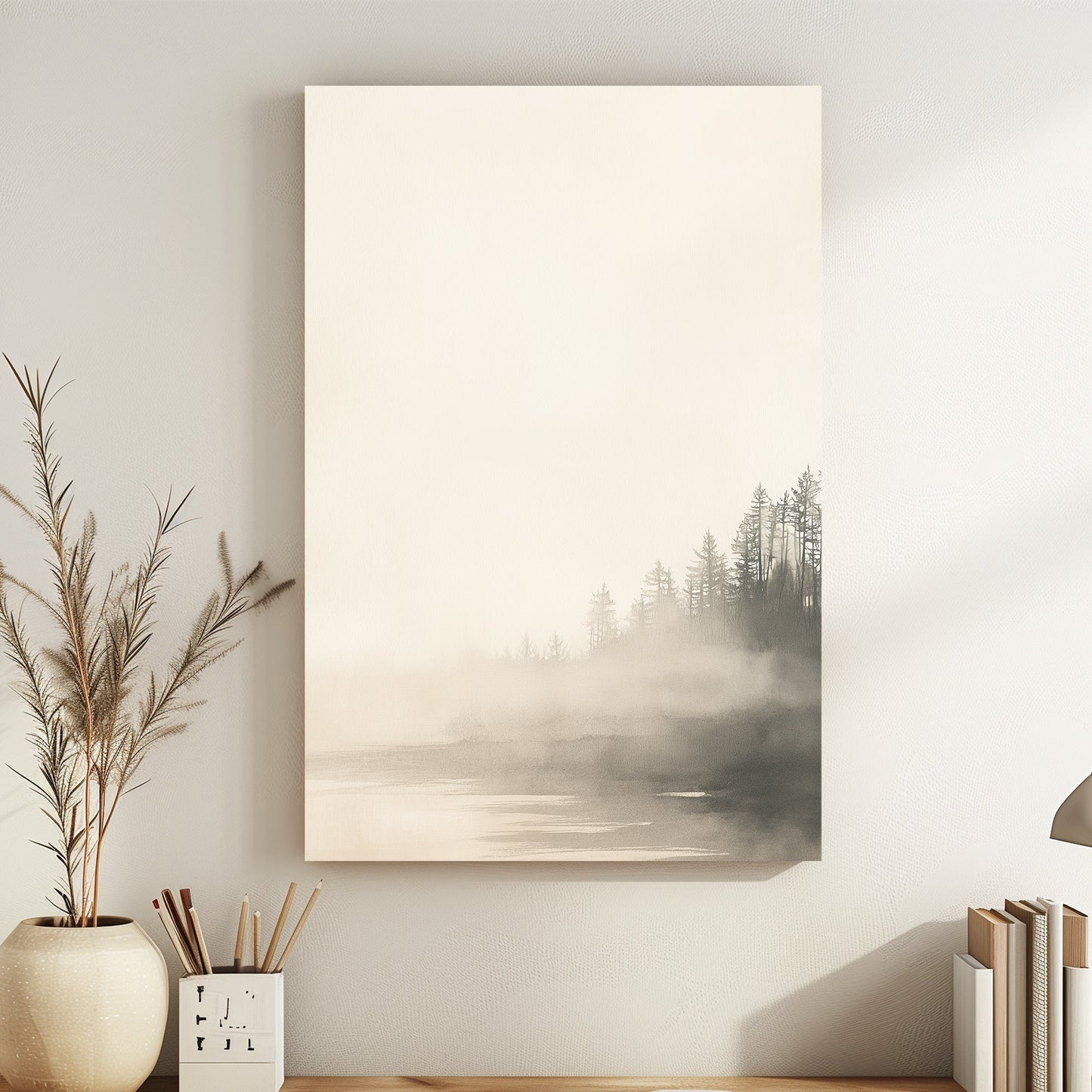 A misty forest scene emerges softly, with towering trees cloaked in a gentle, ethereal fog. Perfect for modern decor. canvas wall art abstract portrait landscape