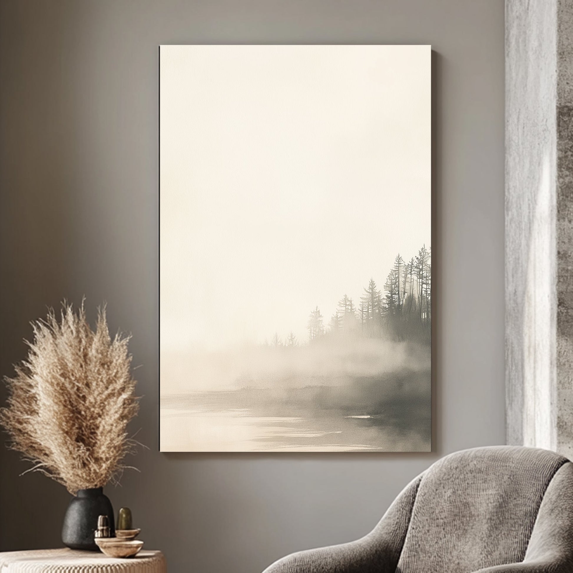 A misty forest scene emerges softly, with towering trees cloaked in a gentle, ethereal fog. Perfect for modern decor. canvas wall art abstract portrait landscape