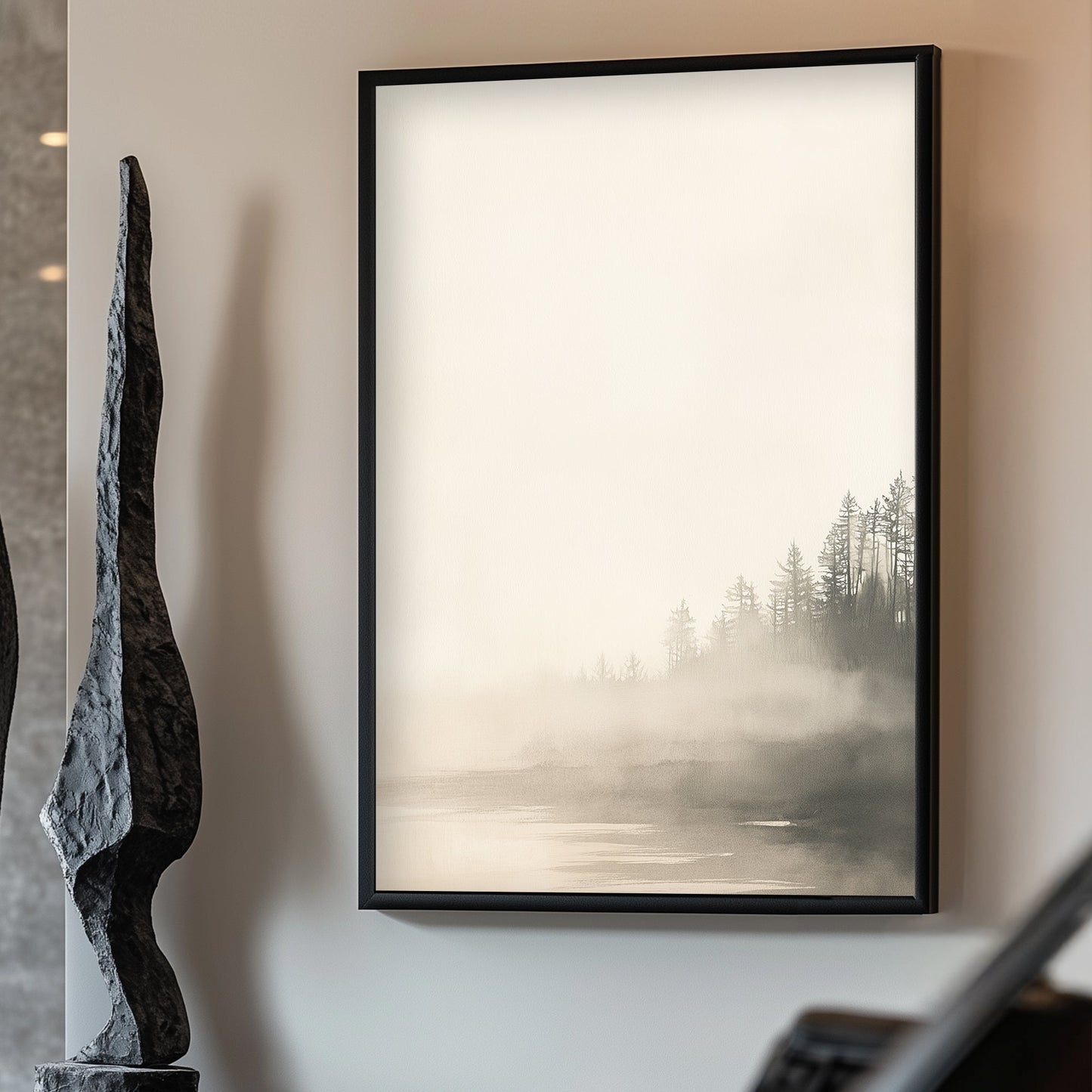 A misty forest scene emerges softly, with towering trees cloaked in a gentle, ethereal fog. Perfect for modern decor. canvas wall art abstract portrait landscape