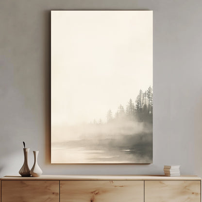 A misty forest scene emerges softly, with towering trees cloaked in a gentle, ethereal fog. Perfect for modern decor. canvas wall art abstract portrait landscape