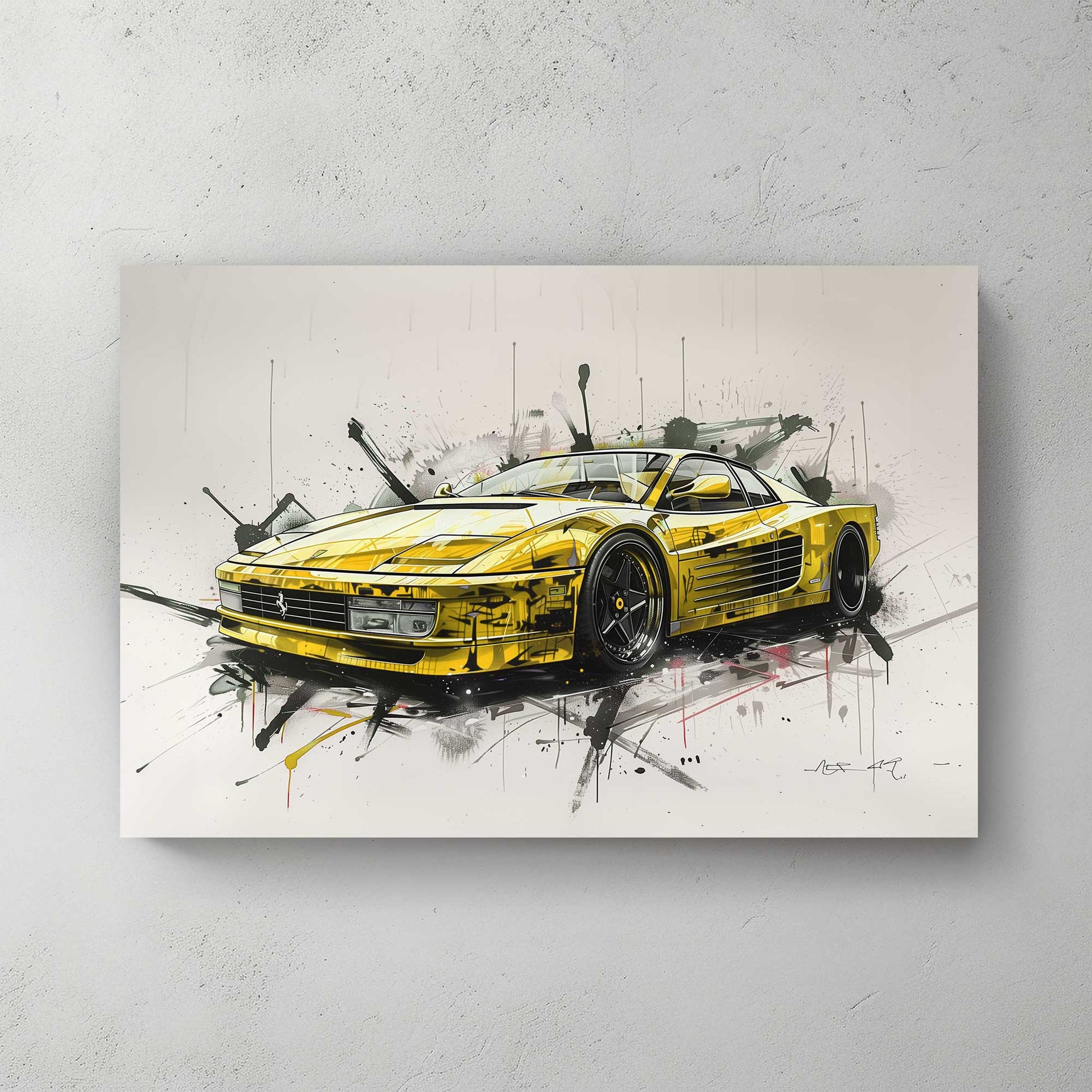 An electrifying portrayal of a classic Ferrari Testarossa, brought to life in a stunning gold. Perfect for modern decor. canvas wall art pop art portrait landscape