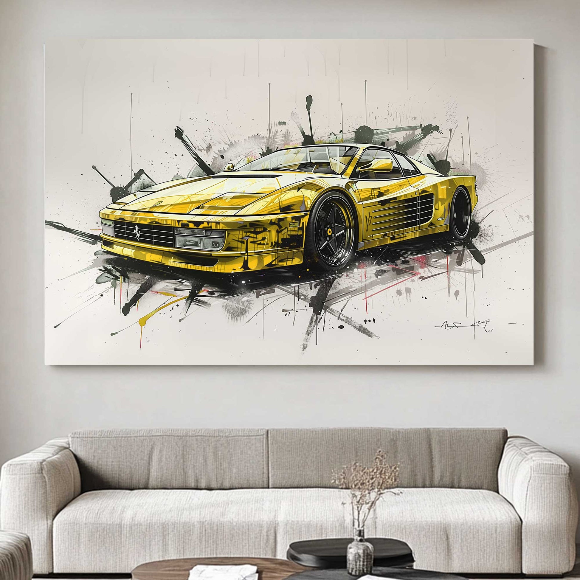 An electrifying portrayal of a classic Ferrari Testarossa, brought to life in a stunning gold. Perfect for modern decor. canvas wall art pop art portrait landscape