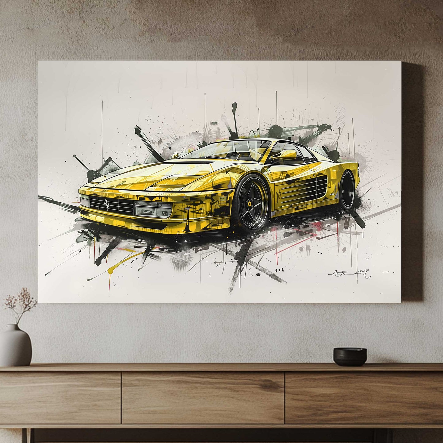 An electrifying portrayal of a classic Ferrari Testarossa, brought to life in a stunning gold. Perfect for modern decor. canvas wall art pop art portrait landscape