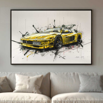 An electrifying portrayal of a classic Ferrari Testarossa, brought to life in a stunning gold. Perfect for modern decor. canvas wall art pop art portrait landscape