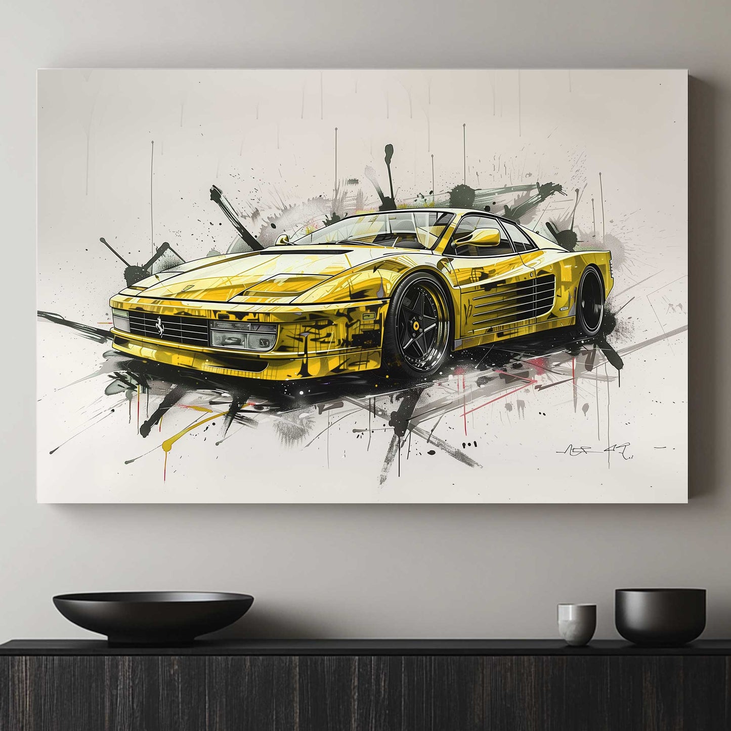 An electrifying portrayal of a classic Ferrari Testarossa, brought to life in a stunning gold. Perfect for modern decor. canvas wall art pop art portrait landscape