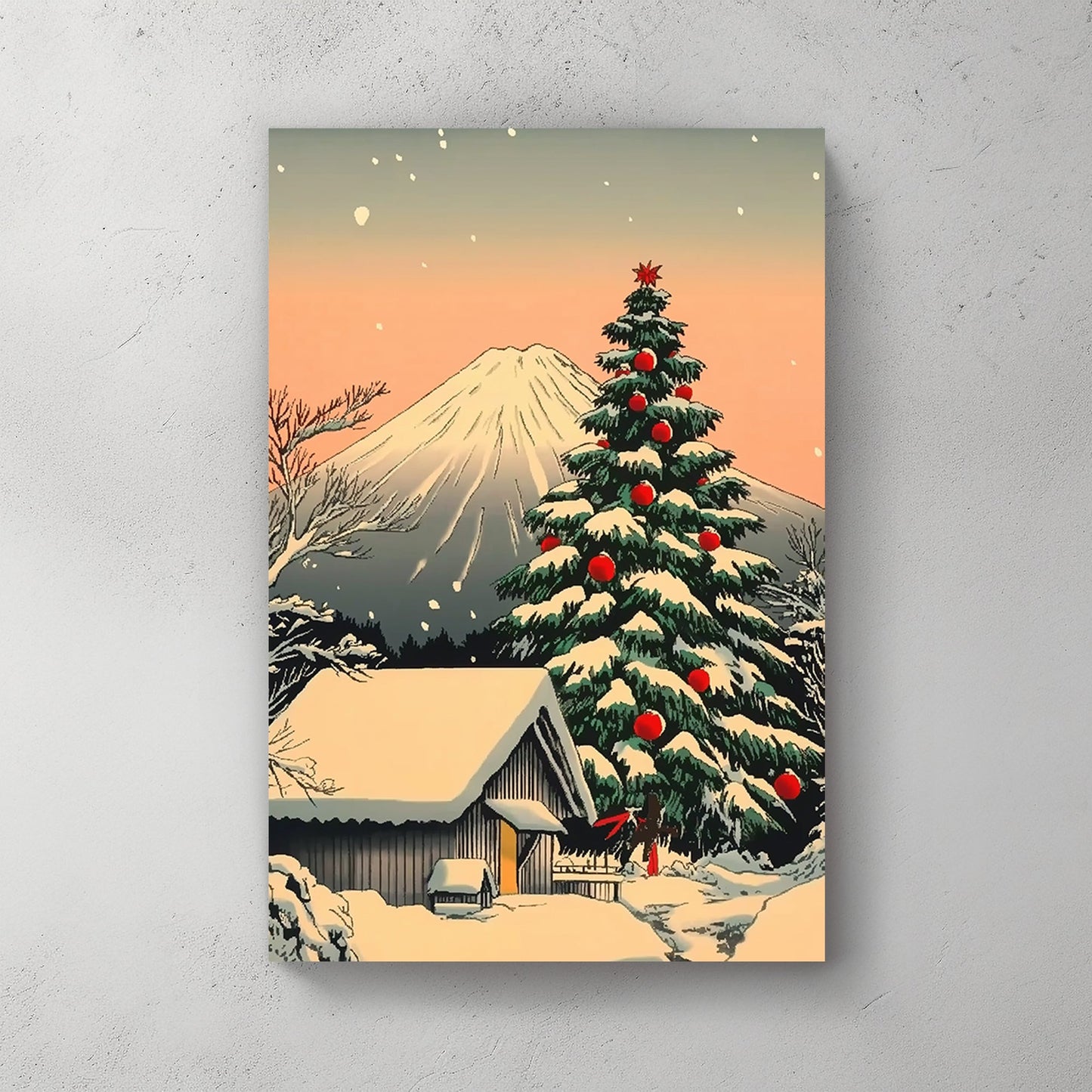 Snowy cabin and Christmas tree with red ornaments, set against a majestic mountain and sunset backdrop.