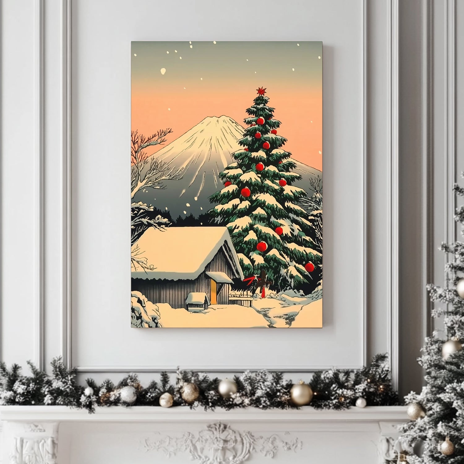 Snowy cabin and Christmas tree with red ornaments, set against a majestic mountain and sunset backdrop.